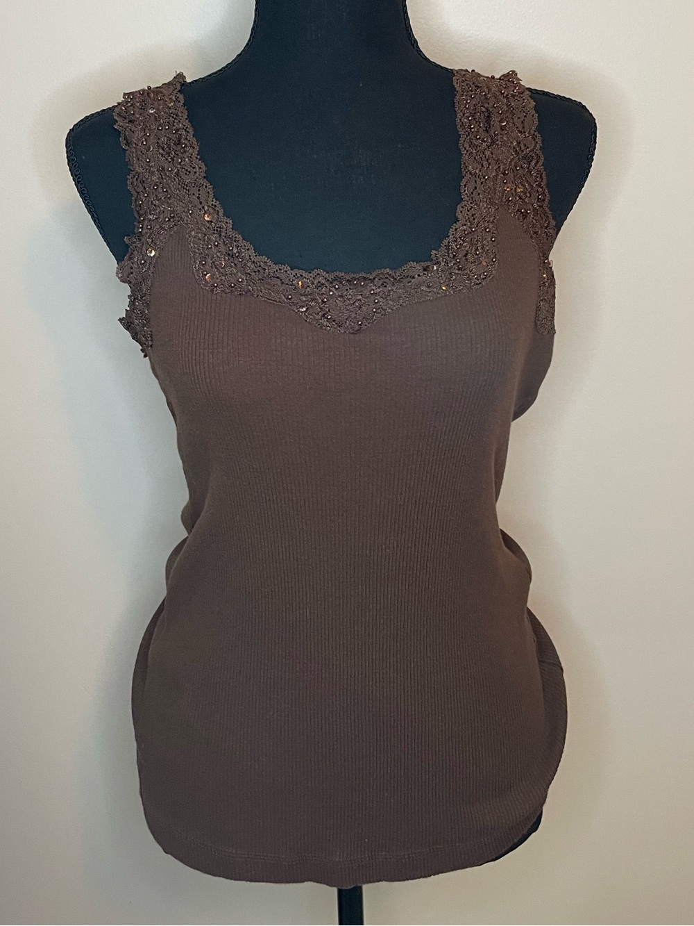 Chico's Brown Ribbed Lace-Trim Camisole